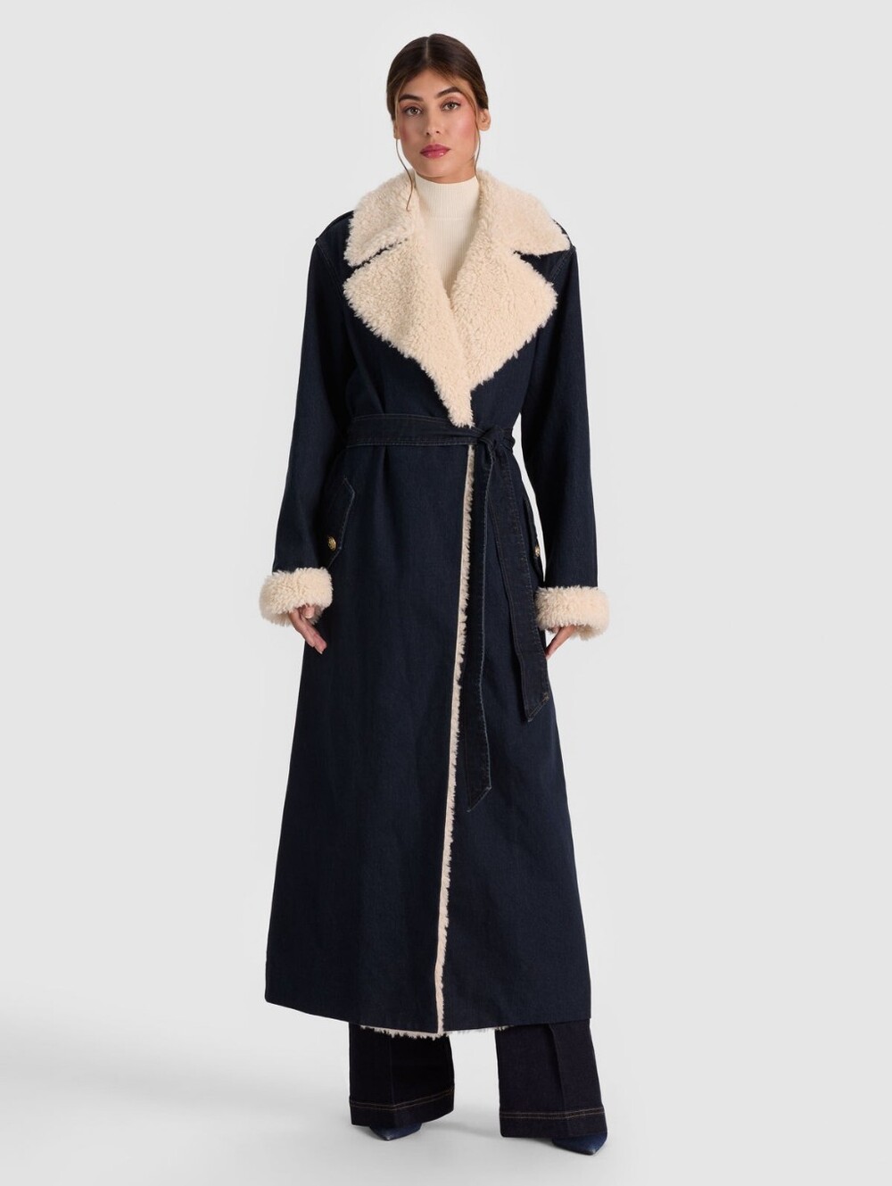 Alice + Olivia NEVADA FAUX SHEARLING DENIM TRENCH COAT